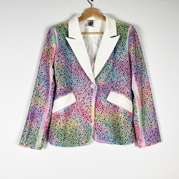 Queen Of Sparkles Multi Rainbow Tie Dye Rhinestone Diamond Jewel Blazer Jacket - Picture 1 of 4